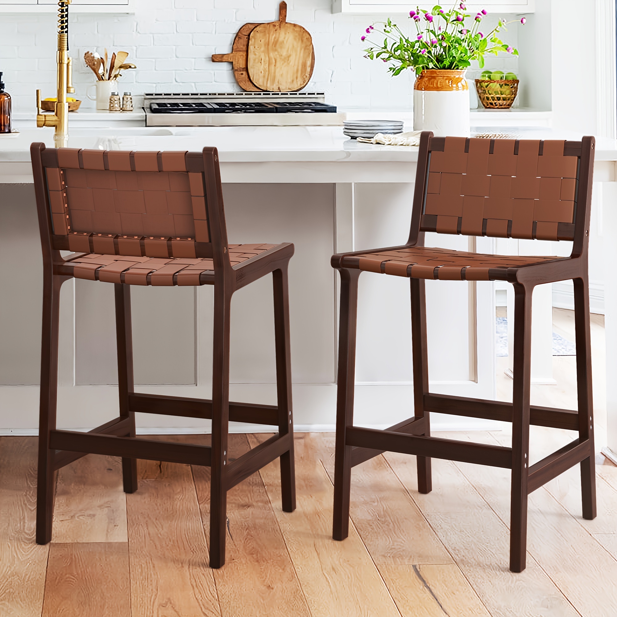 Benzara Rush Seat Counter Stools Benjara Rush Woven Wooden Frame - Main Image