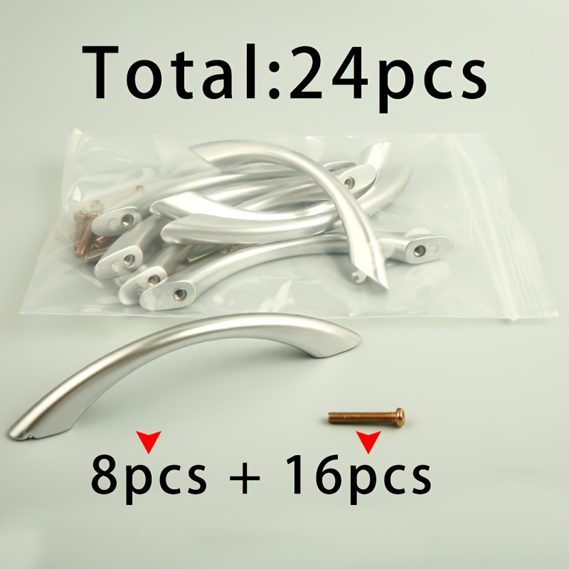 TEMU Total 24pcs 8pcs Arc Silvery Handles And 16pcs 4x22mm Handle Screws, Multi- Matching Self-tapping Screws, Light Wood-colored Cabinet, Gray
