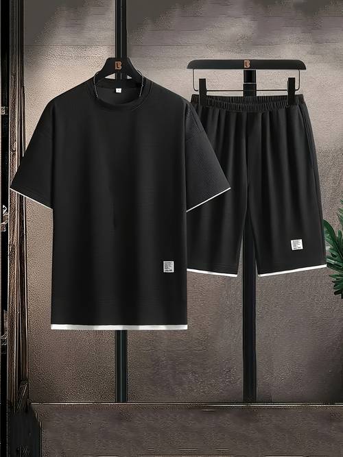 mens casual waffle knit pajama set gray and black short sleeve sleepwear with elastic waist shorts applique detailing soft polyester fabric for comfortable loungewear