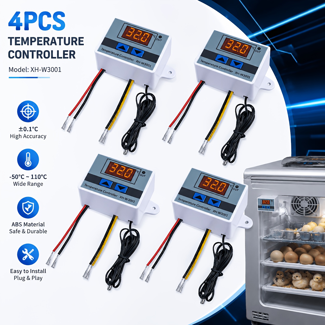 Juego de 4 interruptores de control de temperatura digital XH-W3001, termostato microcomputarizado con sonda NTC, rango de control de -50~110℃, ideal para incubadora, acuario, invernadero, refrigerador y sistemas de calefacción/refrigeración