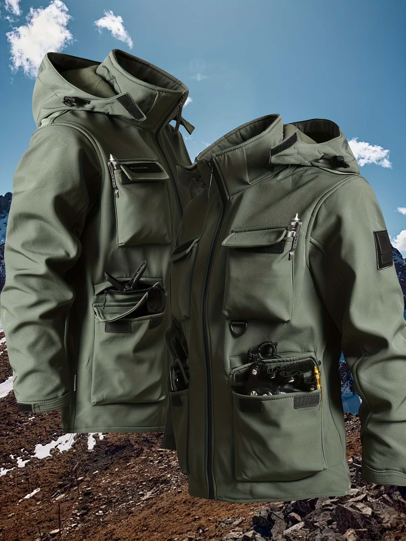 Men's Windproof Fleece-Lined Thickened Jacket with Hood and Multiple Pockets