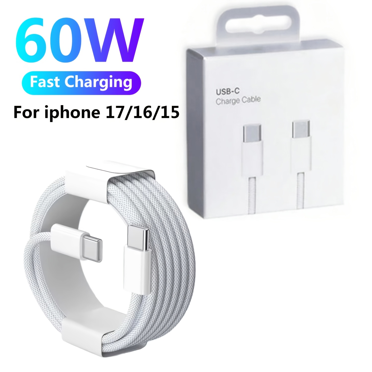 1 2pcs 60w dual usb c to c fast charging cable for iphone 17 type c to type c fast charger braided cord compatible for iphone 17 16   pro 15 pro max 15 plus ipad  5 macbook samsung s25 s24 s23