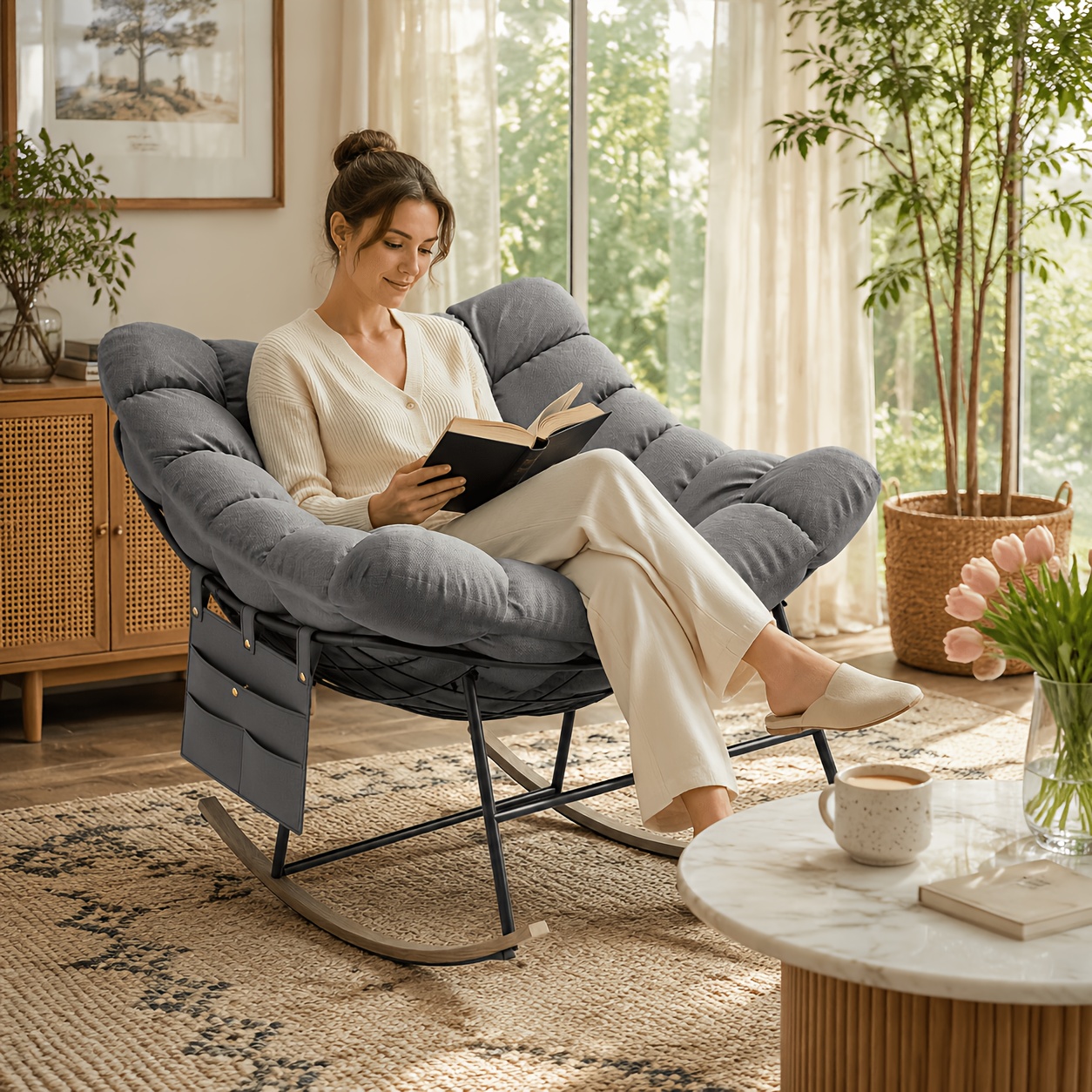 Premium Patio Rocking Chair Outdoor Indoor Garden Swing Chair With Thick Padded Cushion 30 Degree Rocking Wood Grain Base Weather Resistant 150kg Light
