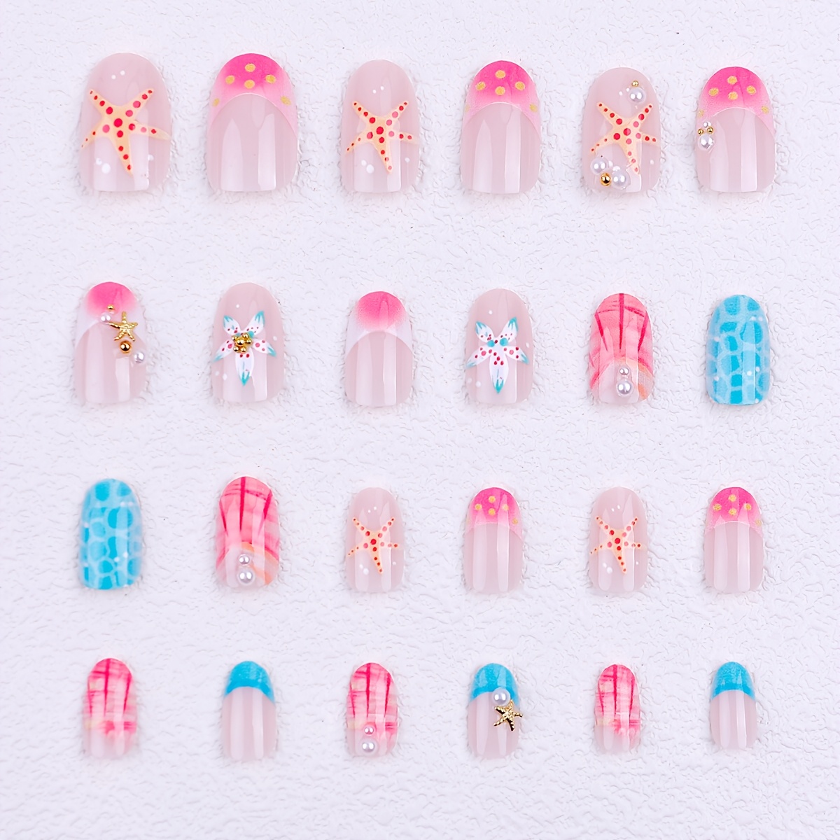TEMU Of 24pcs Polka Dot Floral 3d Effect Rhinestone Nail Charms, Abs French Almond Shape Press-on Nails, Includes 1pc Jelly Glue And 1pc Nail File.