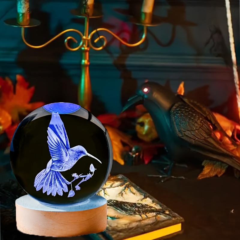 

A 3d Laser Engraved Hummingbird Crystal Ball Statue Night Light With Wooden Lamp Base, Suitable For Home Bedroom Decoration, Birthday, Graduation Gift, Suitable For Women, Men, Friends