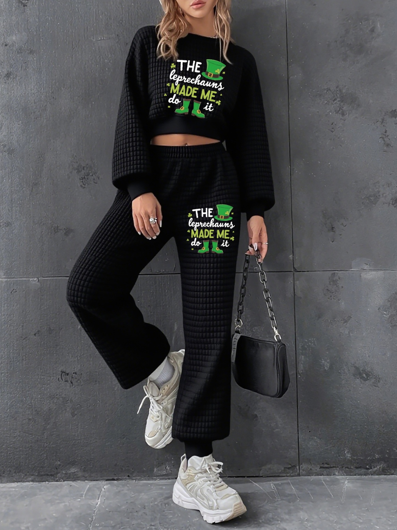Women'S *'S Day Outfit Leprechaun Hat Irish Text Print, Loose Fit Long  Sleeve Top Pants Set Casual Wear, White/black With Green Accents For