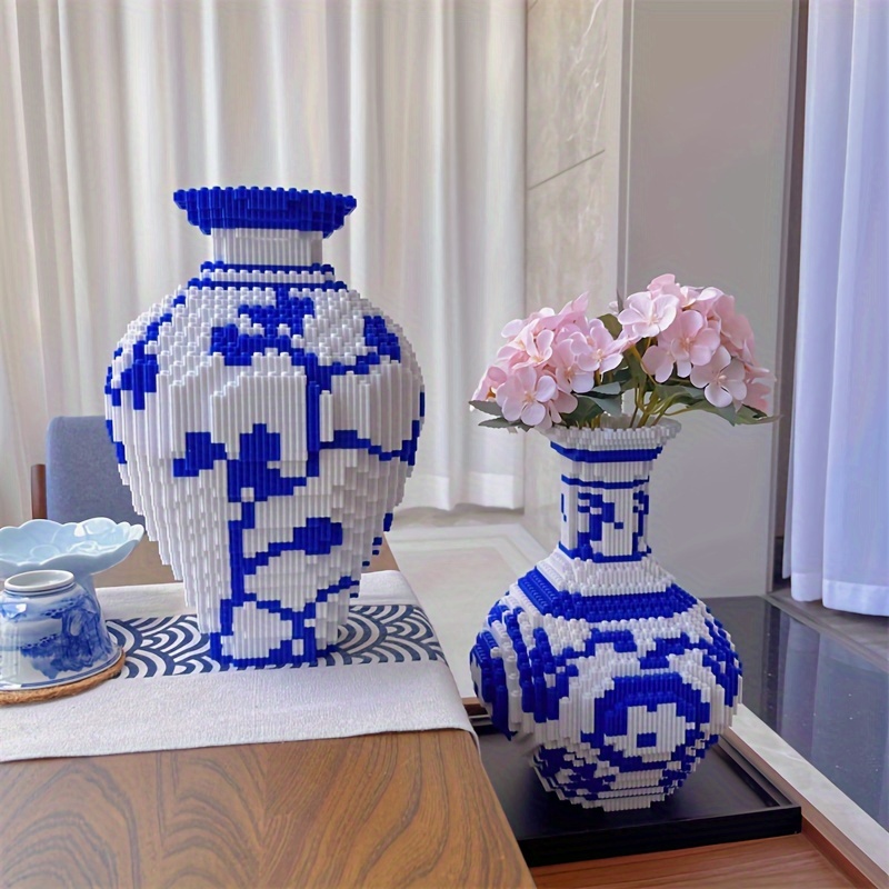

4000-piece Blue & White Porcelain Vase Building Set With Faux Flowers - Perfect For Diy Office Decor, Multi-functional Storage Container, Ideal Birthday Or Holiday Gift For Teens & Adults