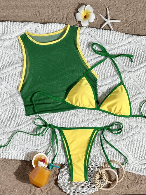2025 european and american swimsuit womens bikini three piece green short sleeved