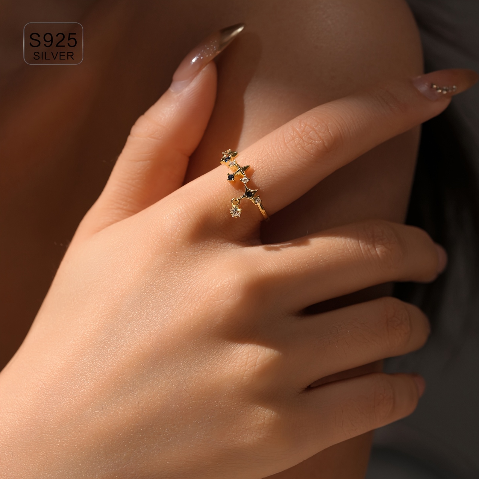 925 Silver Opening Ring Adjustable Size 18k Gold Plated Zirconia Accents