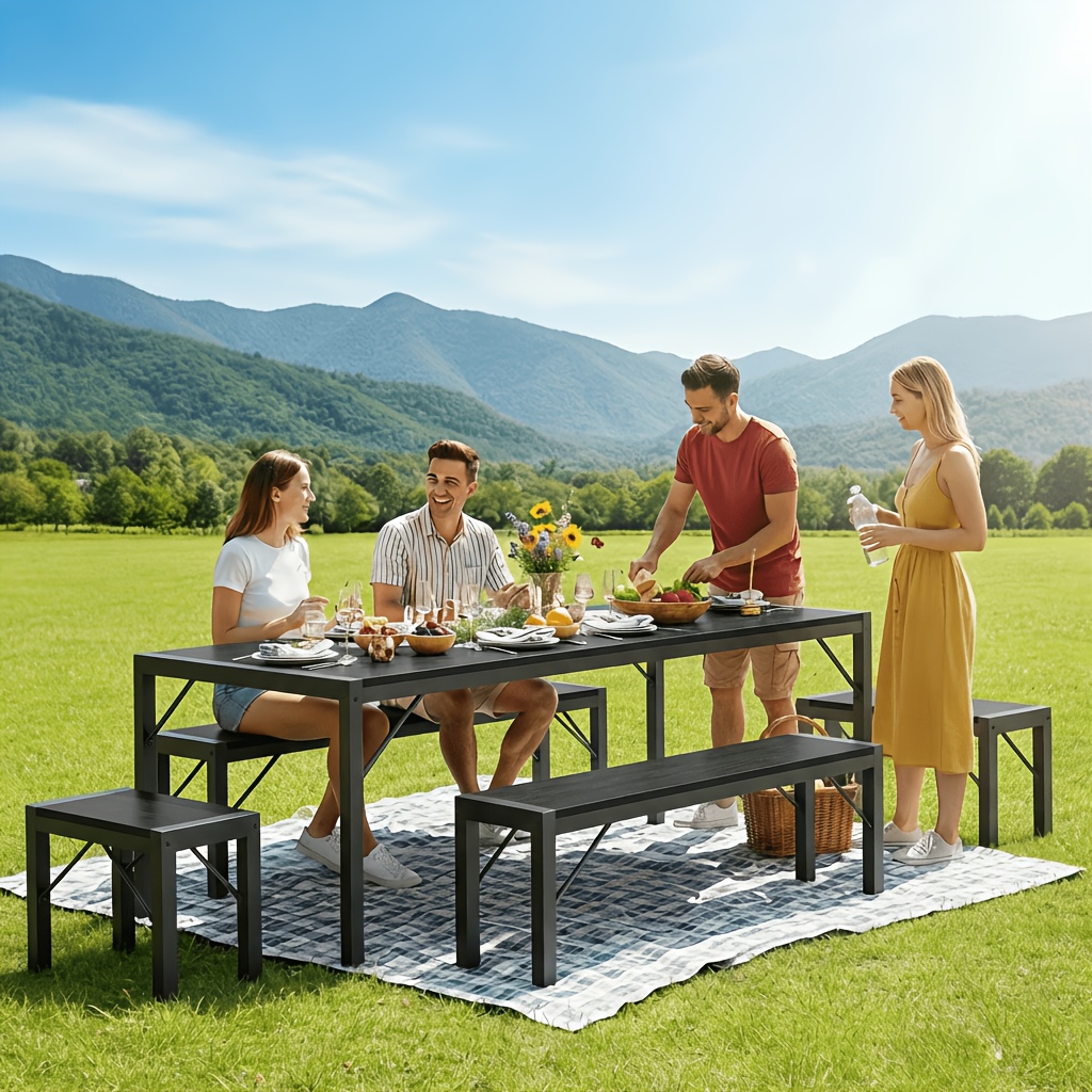 Non-Folding 5pcs Indoor & Outdoor Dining Table Set, 6 Seater Patio Kitchen Table with 2 Benches & 2 Stools, Industrial Space-Saving Set for Picnic, Camping, Backyard