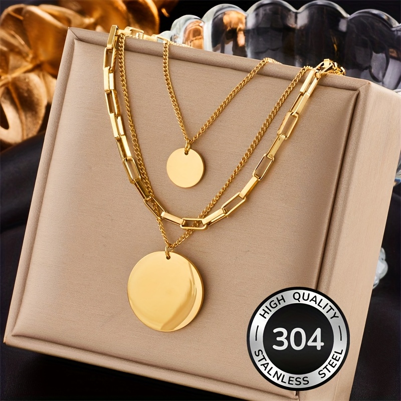 E-shop Modischer minimalistischer 304 Edelstahl Halskette mit Dreischicht-Kette, Münzanhänger, Party Schmuck Geschenk Punk Hip-Hop Layering