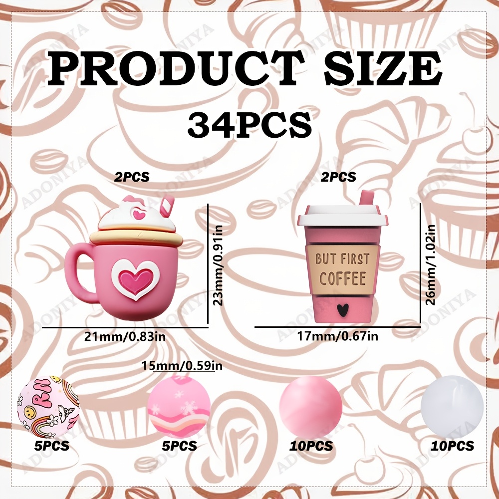 TEMU 34pcs Coffee-themed Silicone Beads With Coffee Cup Capsules & Bean Shapes Suitable For Beaded, Diy Crafts, Bracelets, - Anxiety Beading Supplies
