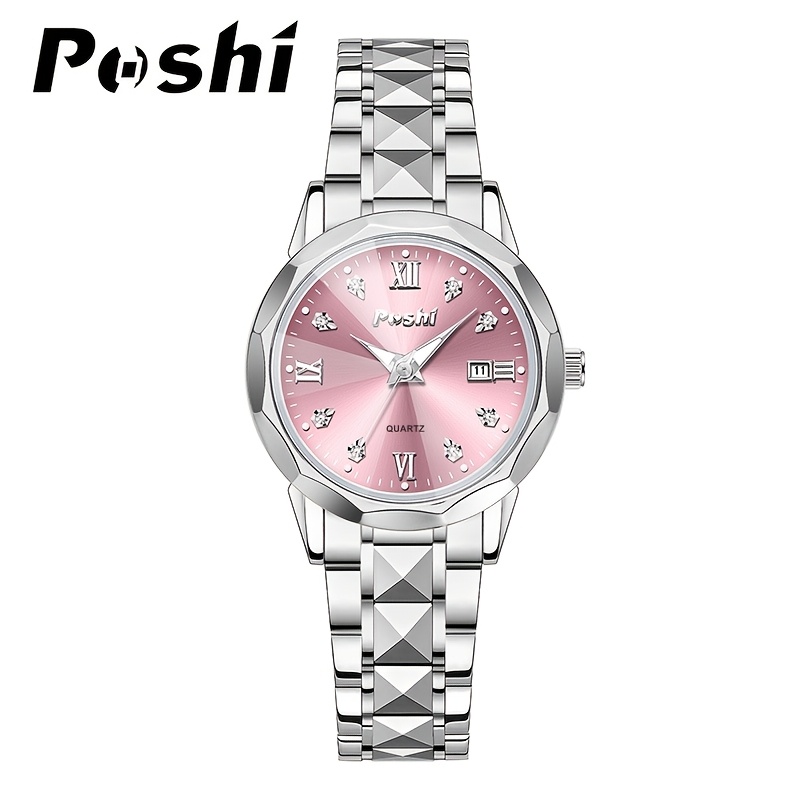 Image of 1 Poshi Men's & Women's Waterproof Automatic Watch With Luminous Dial, Roman , Rhinestone Bezel, Quartz Movement Wristwatch Suitable For Swimming, Outdoor, Travel, Daily Use, Calendar Display Gift For