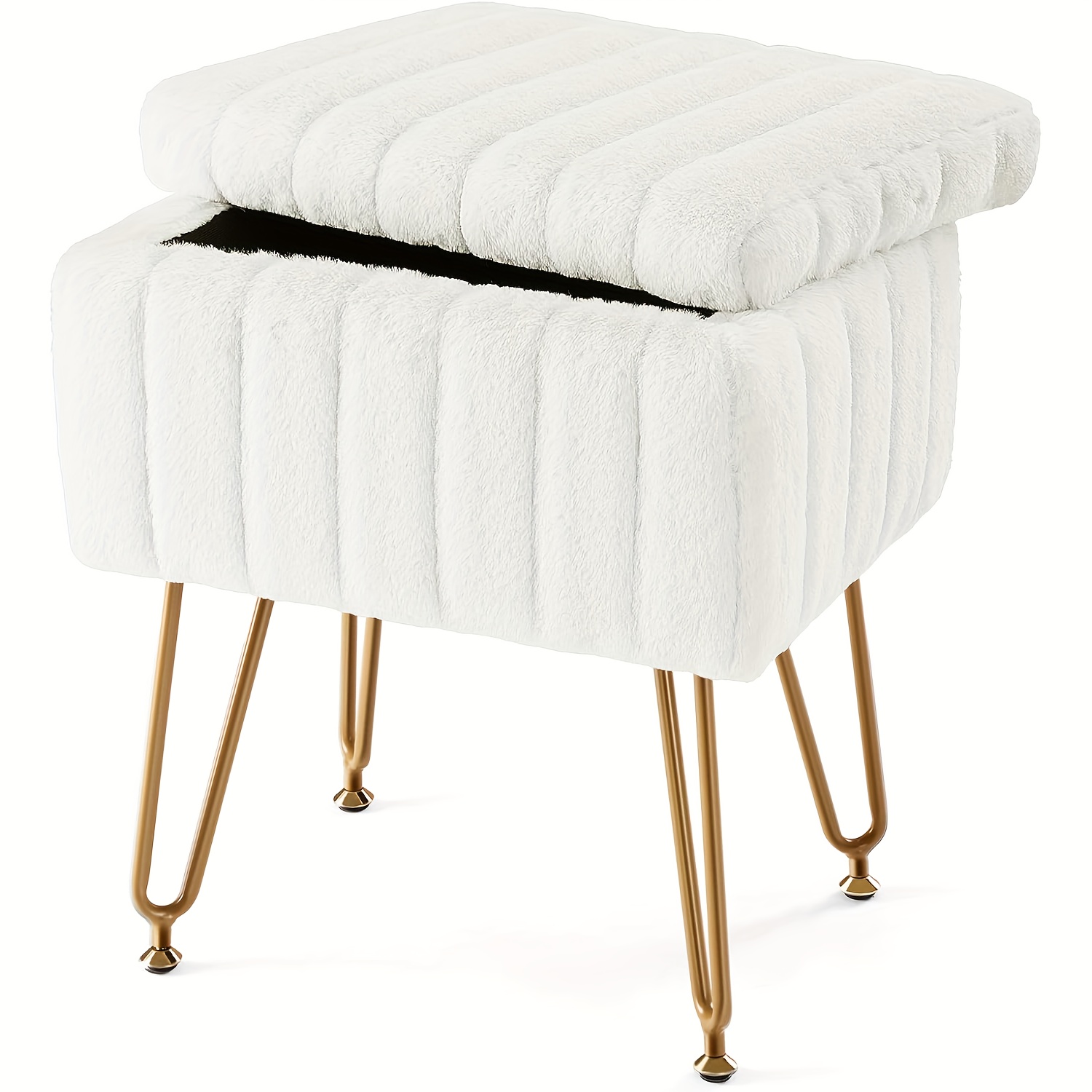 E-shop Ein schicker Make-up-Hocker aus Kunstfell mit Stauraum – eine plüschige und gemütliche Schminktisch mit modernem Look, ausgestattet mit goldenen