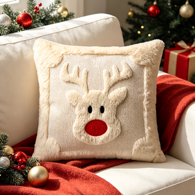 TEMU 1pc Christmas Pillowcase 18x18 Inch, Soft Plush Pillowcase, 3d Embroidered Reindeer Decoration Pillowcase, Ideal For Christmas Home Sofa Bed