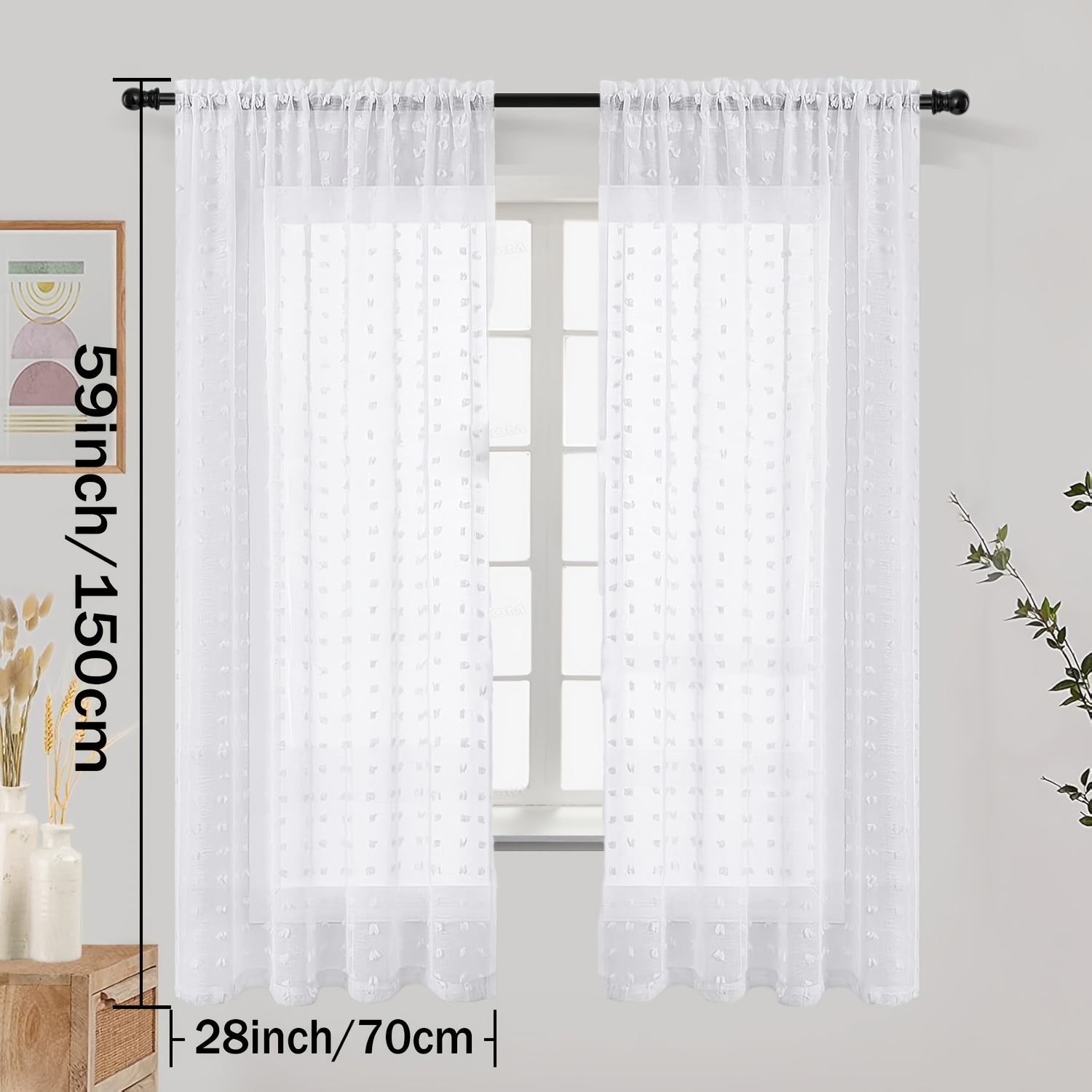 2 Panels, White Polka Dot Sheer Curtains With Cute Pom Poms, Tufted Jacquard Window Treatments, Soft Light Filtering Gauze For Bedroom Living Room, Rod Pocket, Washable
