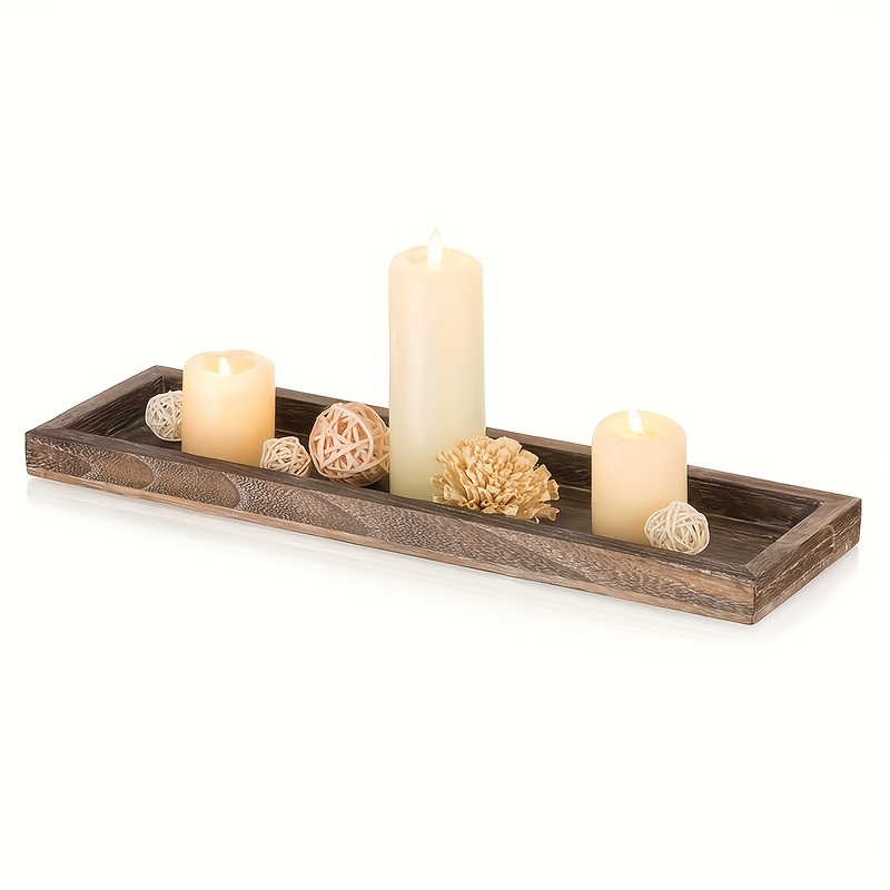 Image of Vintage Wooden Candle Tray - 15 Inch Narrow Polished Holder With Striped Design, Rustic Coffee Table & Kitchen Counter Decor, Gift For Christmas, Thanksgiving, Halloween, And Easter