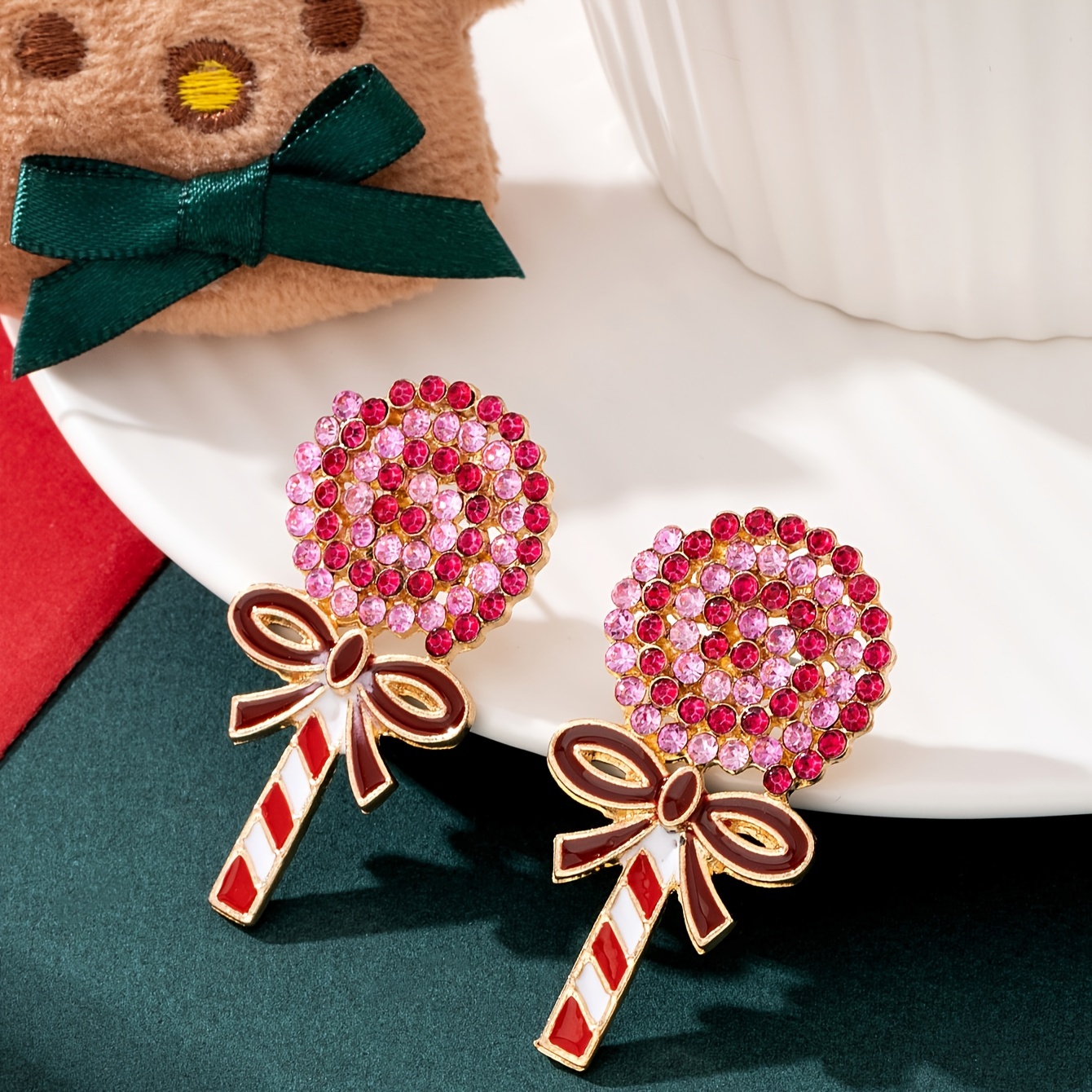 1 Pair Of Christmas Colored Rhinestone Candy Earrings For Christmas