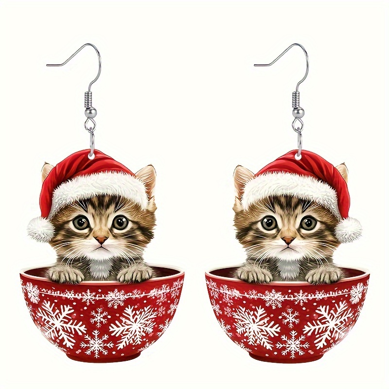 

1pair Christmas Cat Pendant Earrings, Dual-sided Cartoon Acrylic Ear Hooks For Girls