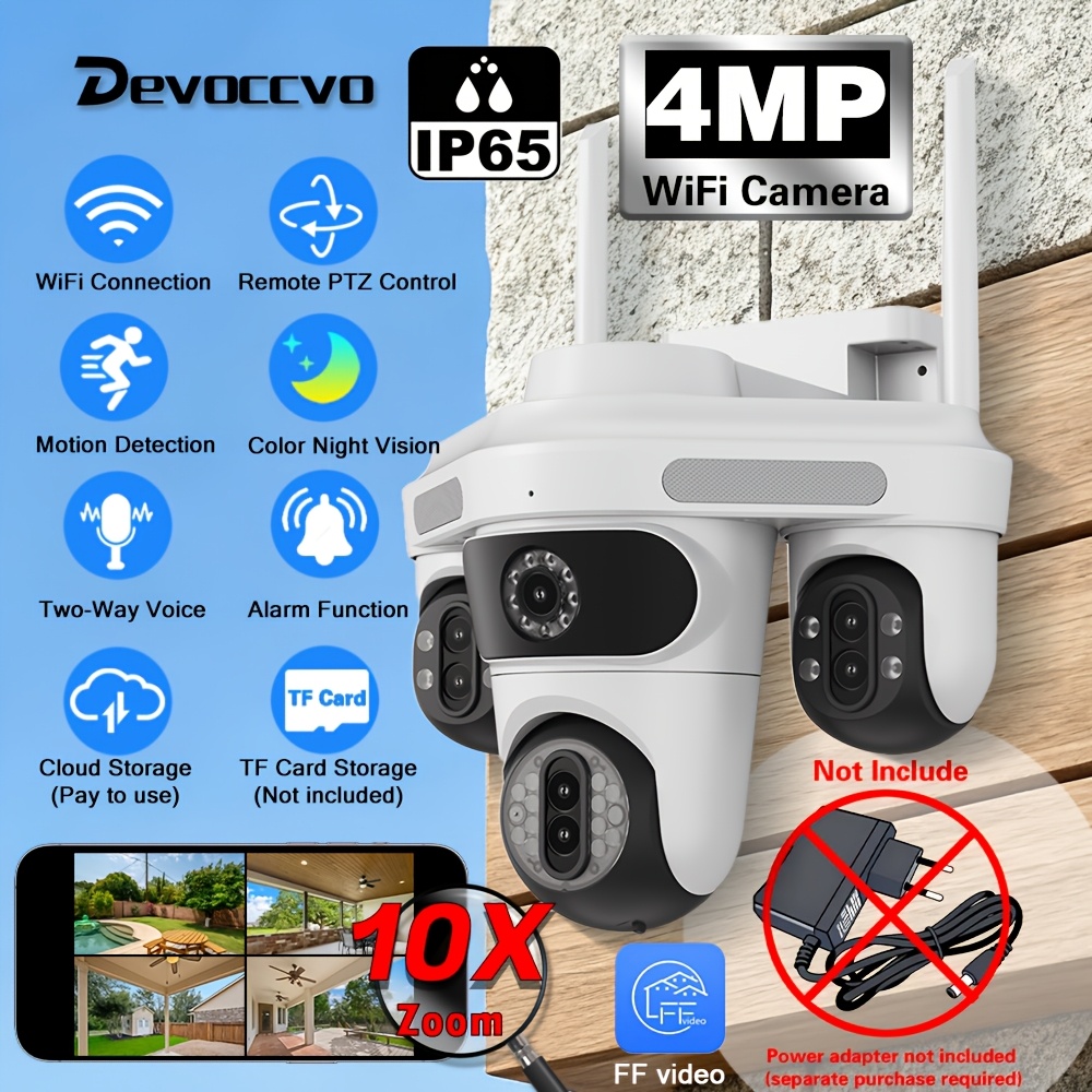 Smart 7-lens 10x Zoom WiFi PTZ , 355° PTZ Function, Ultra-Wide Monitoring Area, IP65 Waterproof, CCTV Network Security Surveillance  with Motion Detection, Auto Tracking, Color Night Vision, Two-Way Audio, Light and Sound Alerts, Suitable for Various