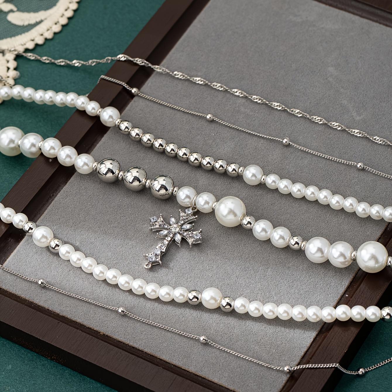 Women's Multi-Layered Cross and Imitation Pearl Necklace