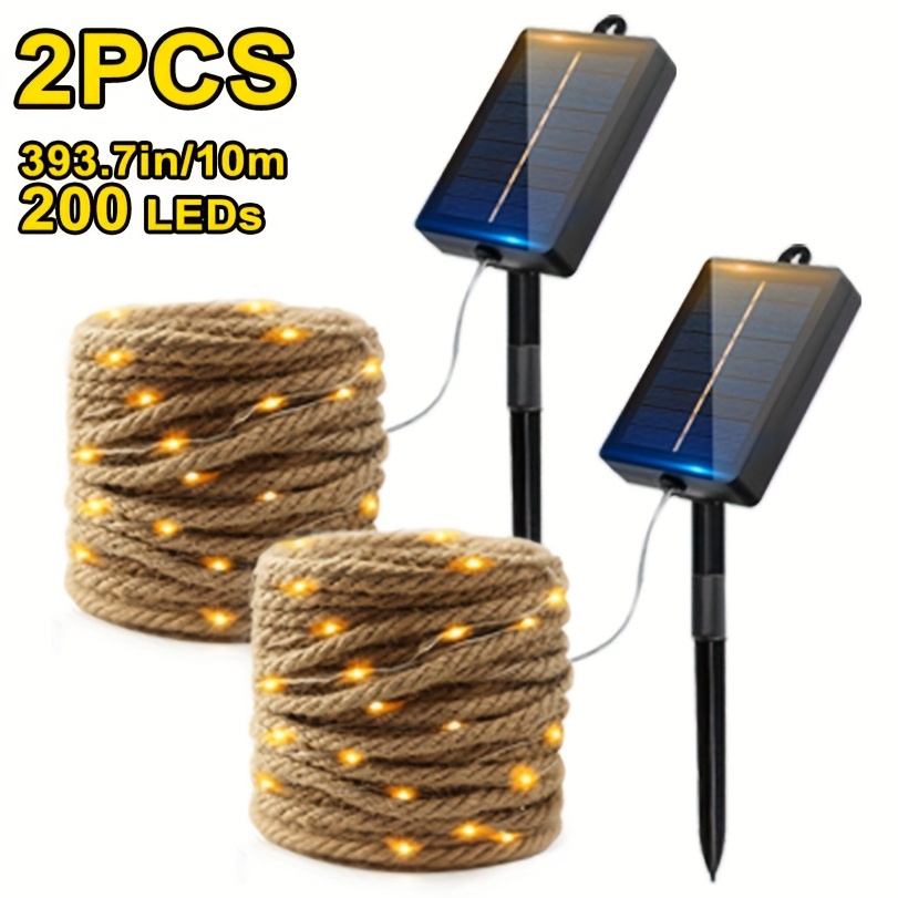 TEMU 1pc/2pcs 200/100 Led Vintage Rope Hemp String Lights, Solar-powered Fairy Lamp With 8 Flashing , Ip65 Semi-flush Mount Lawn Lamp For Outside