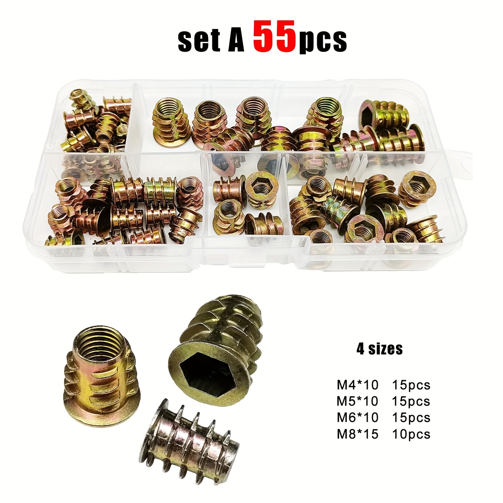 

Alloy Metal Set - -galvanized , Fully , , Thread Nut Inserts For Wood - 165/75/55 Pcs Assorted M4 M5 M6 M8 Kit