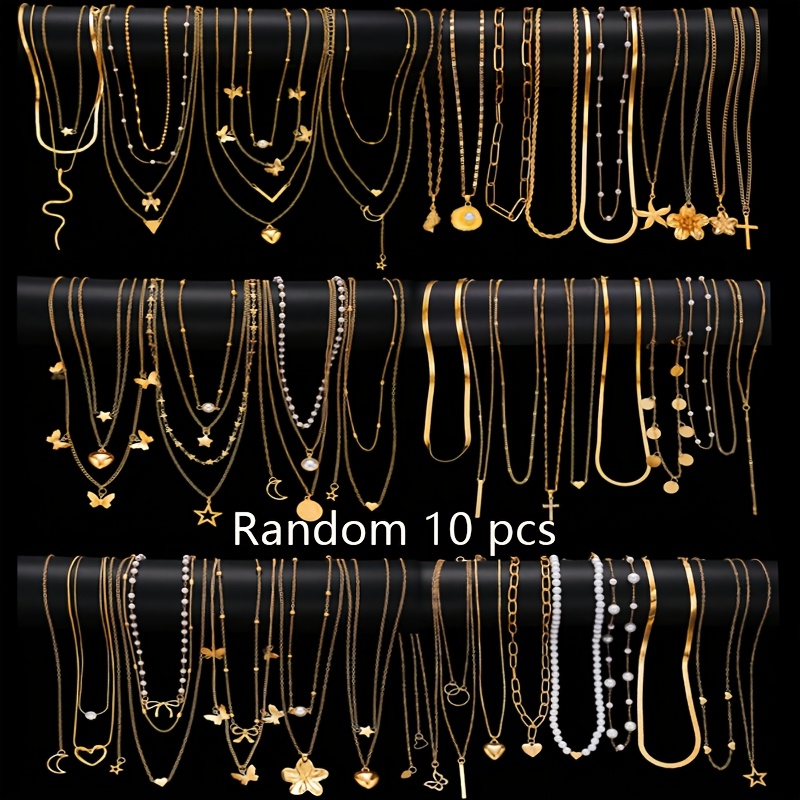 TEMU Random 10pcs Set Of Fashionable Elegant Artificial Pearls Star Moon Heart Flower Starfish Shell Double Ring Geometric Pattern Necklace Set,