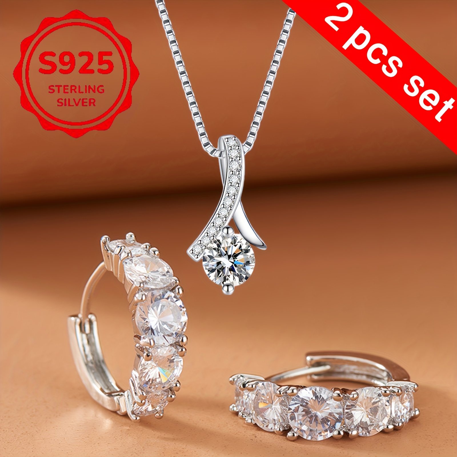 

2 Pieces Of Elegant And Moissanite Pendant Necklace + Earrings Hypoallergenic Women's Birthday, Holiday And Christmas Gifts Are Essential For