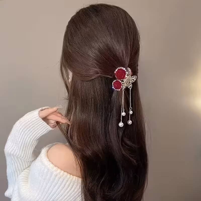 burgundy rose alloy claw clip hair tie 2pcs set imitation pearl tassel additions set claw clip hair tie hair additions set rose claw clip tassel claw clip alloy claw clip retro elegant half tie hair bun Product details 2