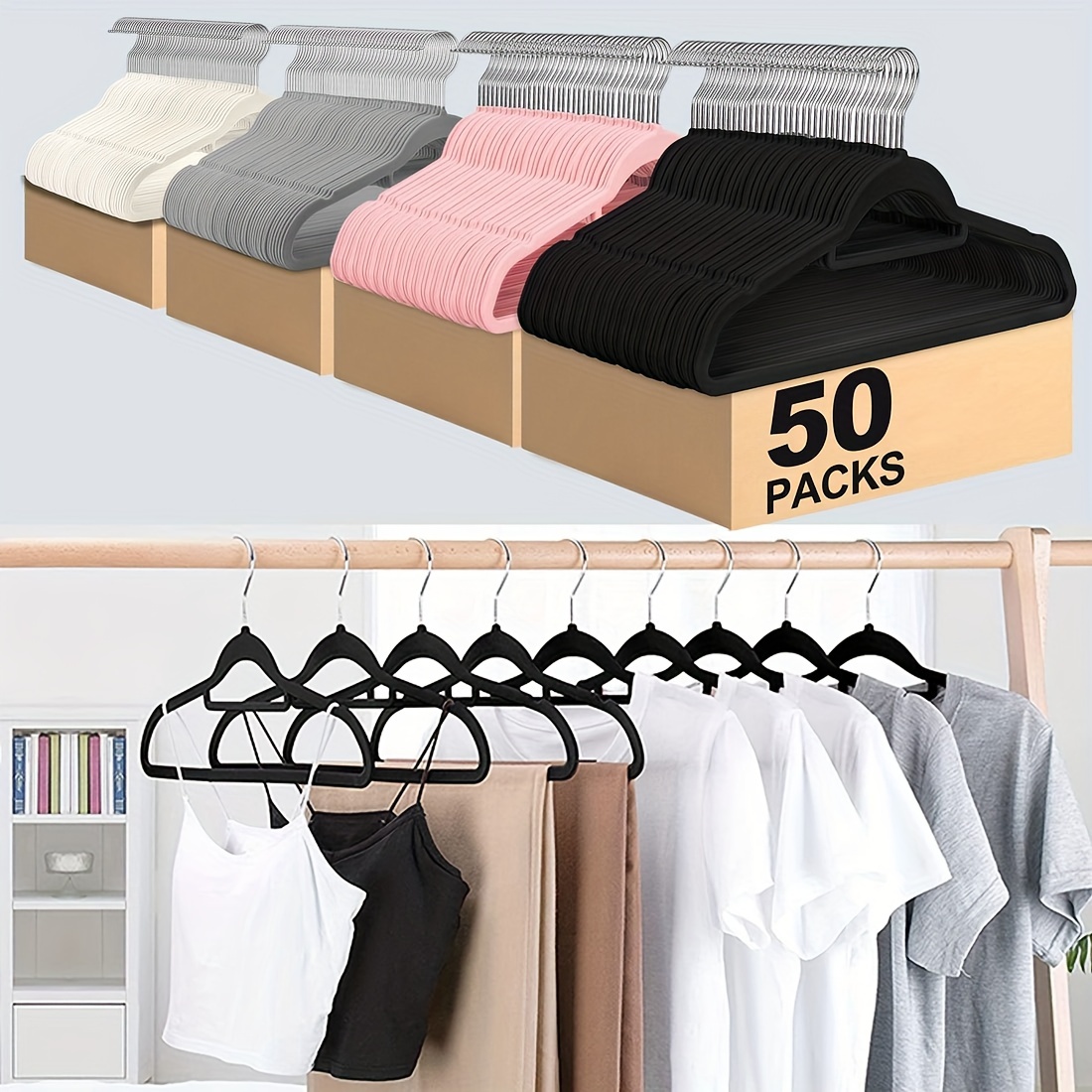 50 Stück Hochwertige -Rutsch Samt-Hänger mit Bügelstäben – Ideal für Mäntel, Hosen, Kleider – Kleiderschrank-Hänger für Einzelhandel & Zuhause – Stabile Hänger für Feinwäsche
