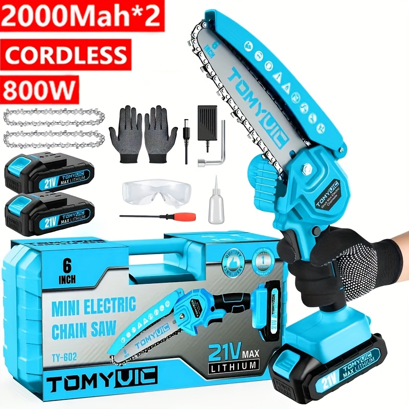 

Mini Chainsaw 6-inch Battery Powered - Best Cordless Small Handheld Chain Saw With 2 Rechargeable Batteries - 21v Power Chain Saws Battery Operated For Tree Trimming Wood Cutting, Blue