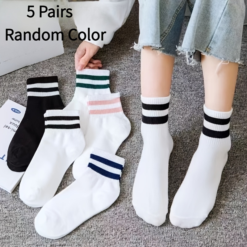 TEMU 5 Pairs Random Color Women's Cute Striped Mid-calf Sports & Casual Socks, White Athletic Socks, Soft And Breathable, Suitable For Daily Wear In