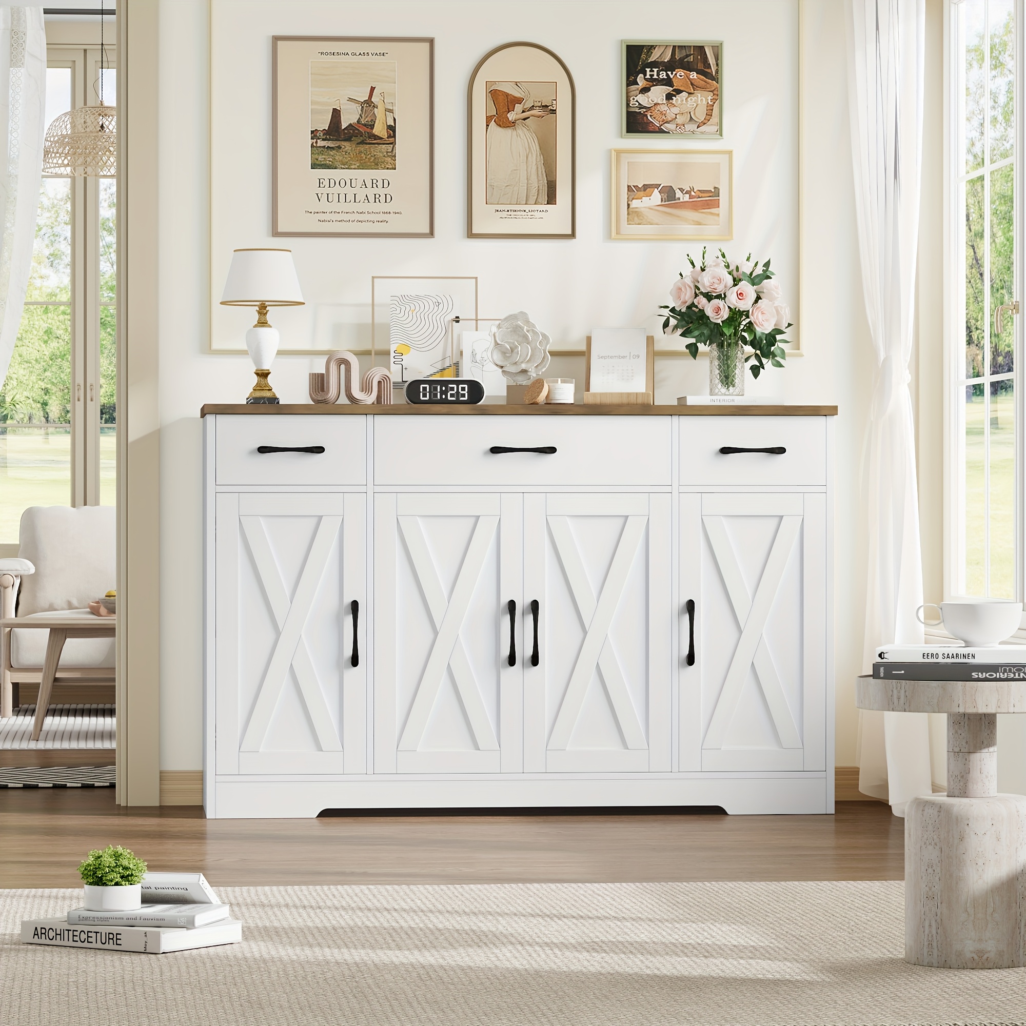 Image of Kealive 140cm Sideboard, Kitchen Storage Cabinets With 3 Drawers And , Pantry Cupboard Cabinet With 2 Adjustable Shelves For Living Room, Dining Room, Hallway, White & Brown