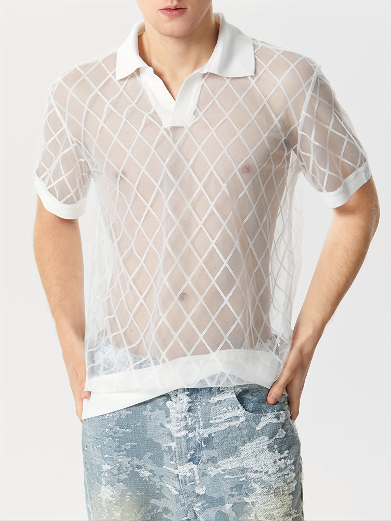 Men's Short Sleeve See Through Mesh Hollow Out T Shirts Party