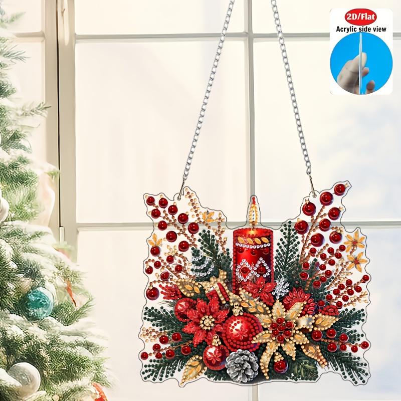 Image of 2d Flat Diy Single-sided Irregular Diamond Pendant, Acrylic Christmas-floral-candle Design - Holiday Gift Crystal Rhinestone Sticker Art Decor For Home Wall Window Door Hanging, 2d Flat