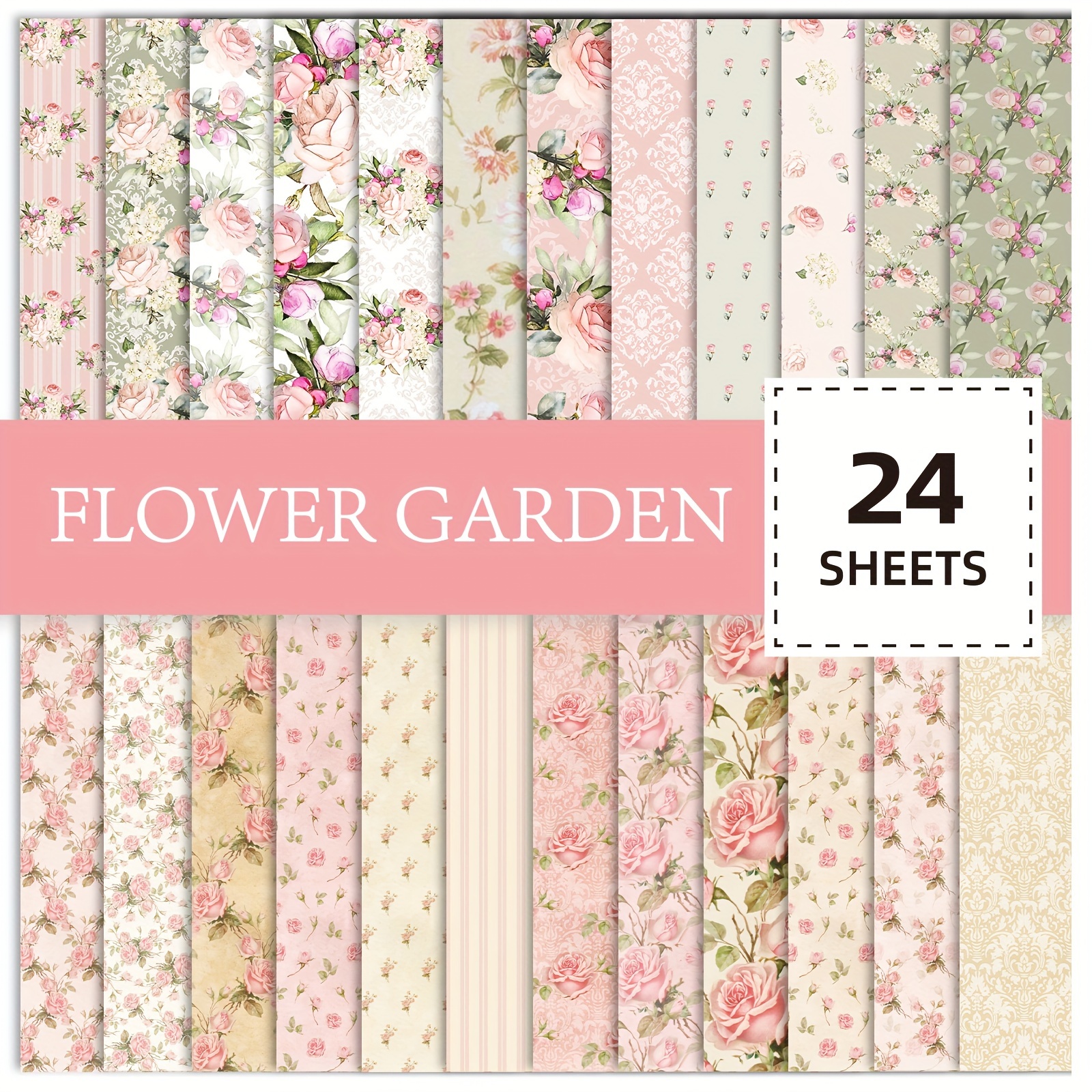 

24 Sheets Decorative Floral Paper Set - Pink Flower Patterns For Scrapbooking, Origami, And Diy Crafts - 12 Unique Designs On High-quality Paper Material