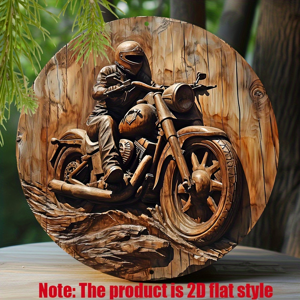 

Panneau métallique rond de printemps de 20x20 cm imitant le bois sculpté et peint, décoré d'une couronne circulaire, cadeau de décoration d'entrée sur le thème de la moto.