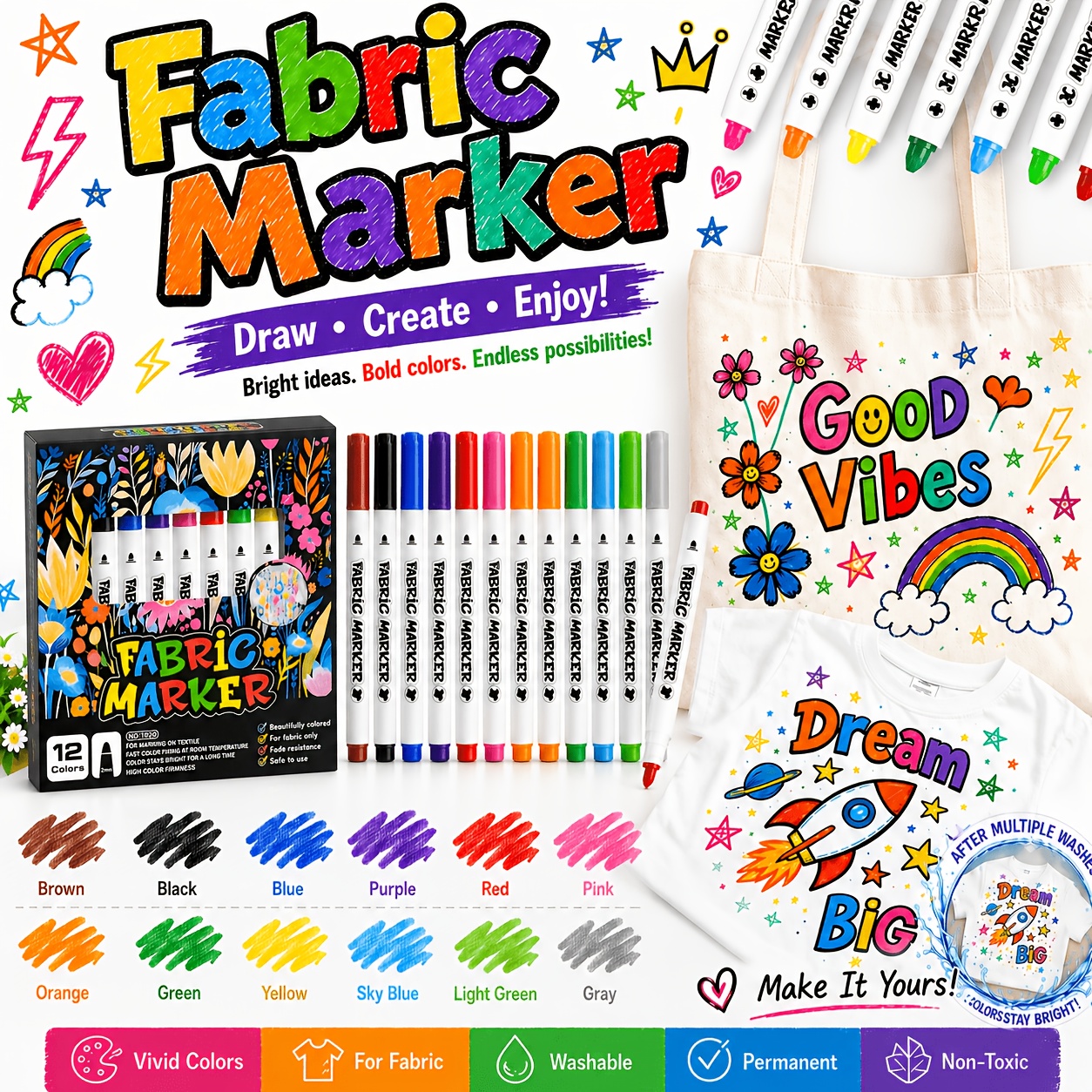 Image of 12-pack Fabric Markers For Clothes, Permanent Textile Paint Pens, 12 Assorted Colors Washable Fabric Markers For T-shirts, Shoes, Canvas Bags, Non-toxic Fine Tip 2mm