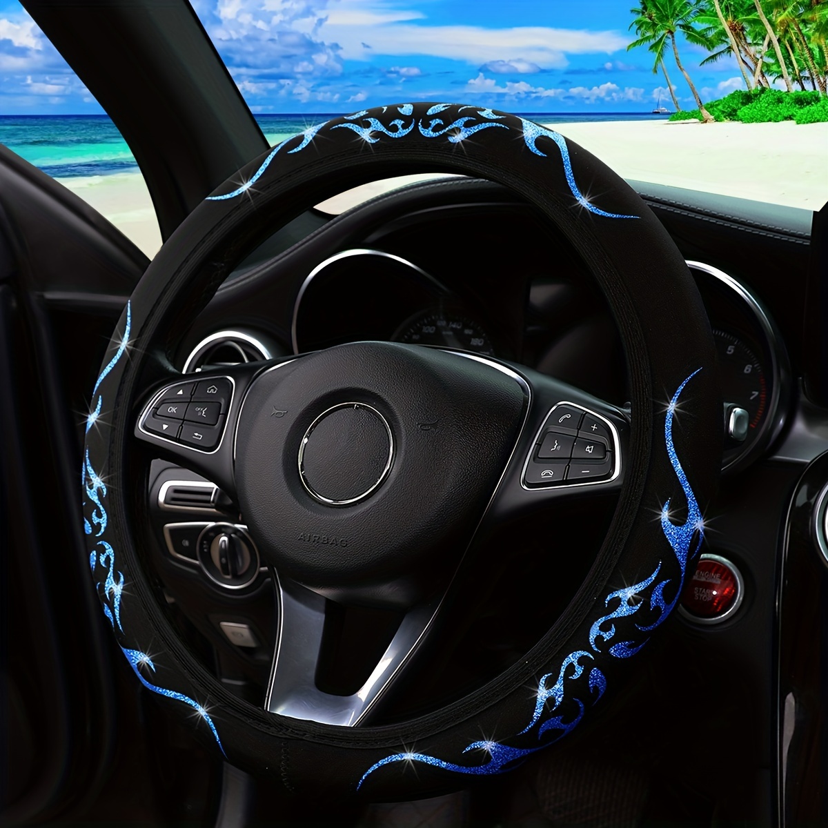 1 Flash Flame Totem Dynamic Fabric Steering Wheel Cover With No , Suitable For -15 Inch Car Accessories