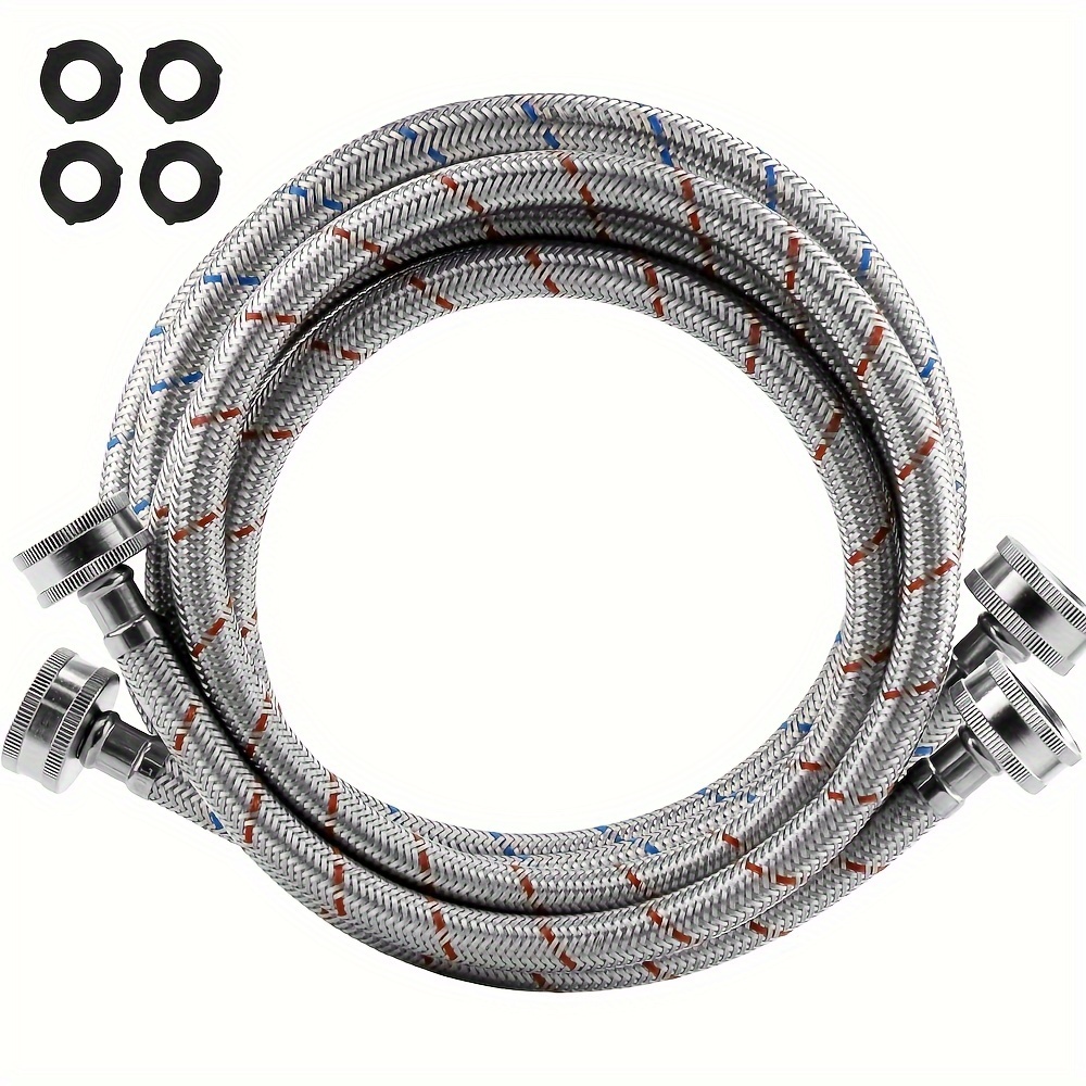 

2pcs 6ft Stainless Steel Washing Machine Hoses, Water Connector, Standard Us Washers, -resistant With Rubber Washers - Striped, Connection|distinguishable Hoses|high Tensile Strength