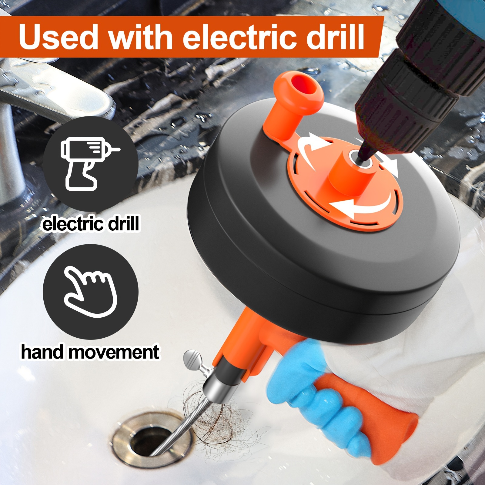 50FT Drain Snake With Drill Adapter – Flexible Sink Unclogging Tool For Kitchen, Shower & Sewer Lines (Includes Gloves & Storage Bag)