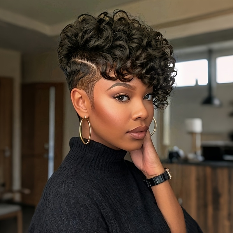 TEMU Women' Short Cut Curly Wavy Synthetic Wig With Bangs - -looking Brown/black Hair, For, Low-maintenance Daily Wear & Versatile Short Hairstyle