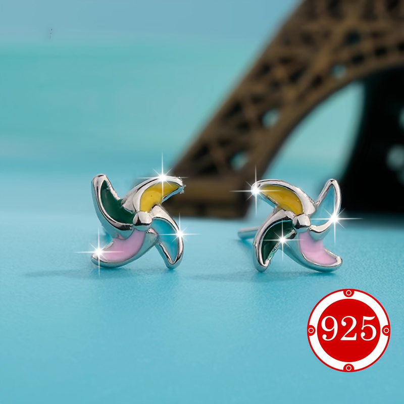 925 Sterling Silver Windmill Earrings Hypoallergenic Colorful Studs