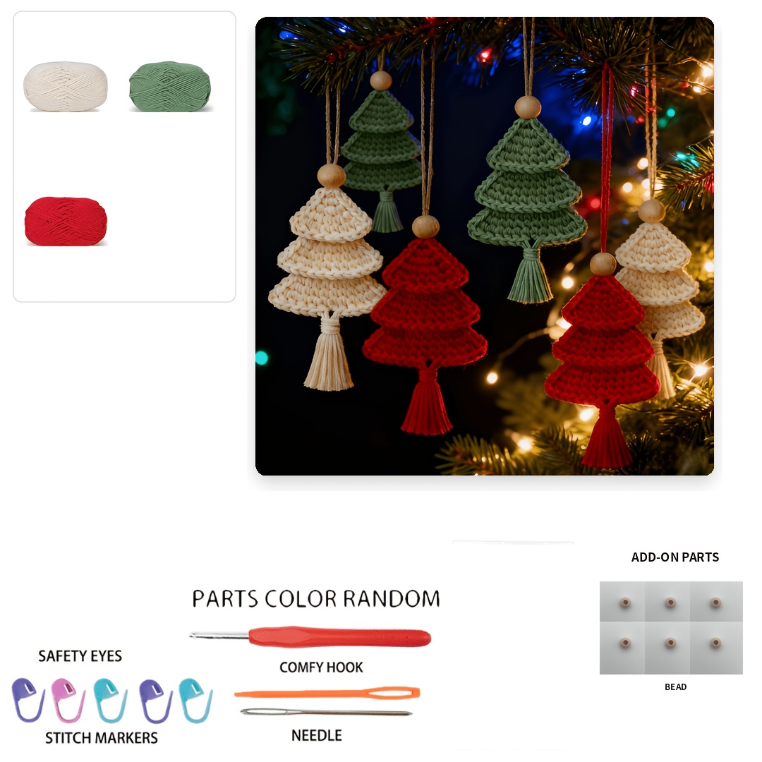 TEMU 6pcs Suitable For Adult Crocheters Diy Christmas Tree Ornament Crochet Kit With Yarn, Hook & Tutorial - Complete Craft Gift For Homemade Tree