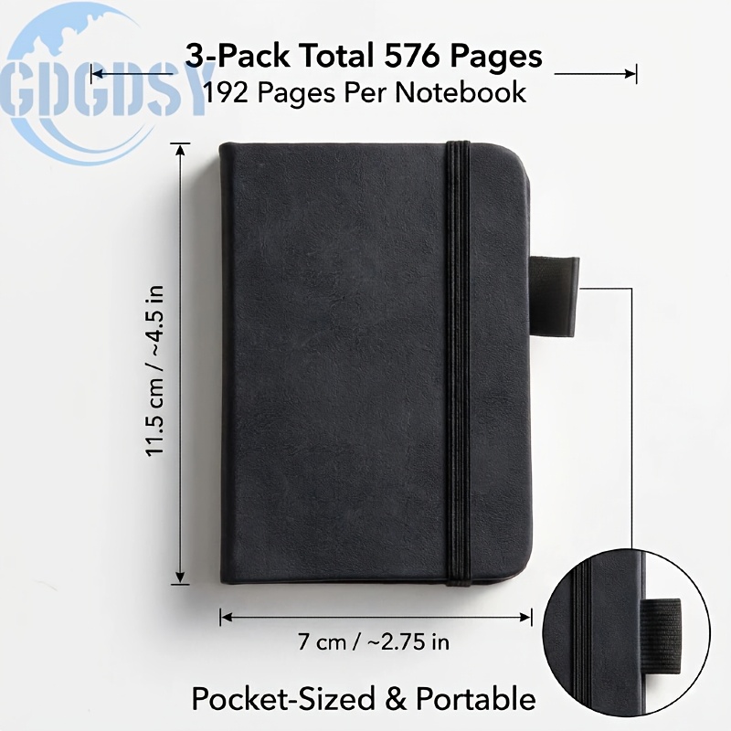 TEMU Black Pocket Notebook, Small Notebook, 3-pack Total 576 Pages, Pocket Notebook, 100gsm Elastic Closure, Portable Steno Pads For Notes And Diary