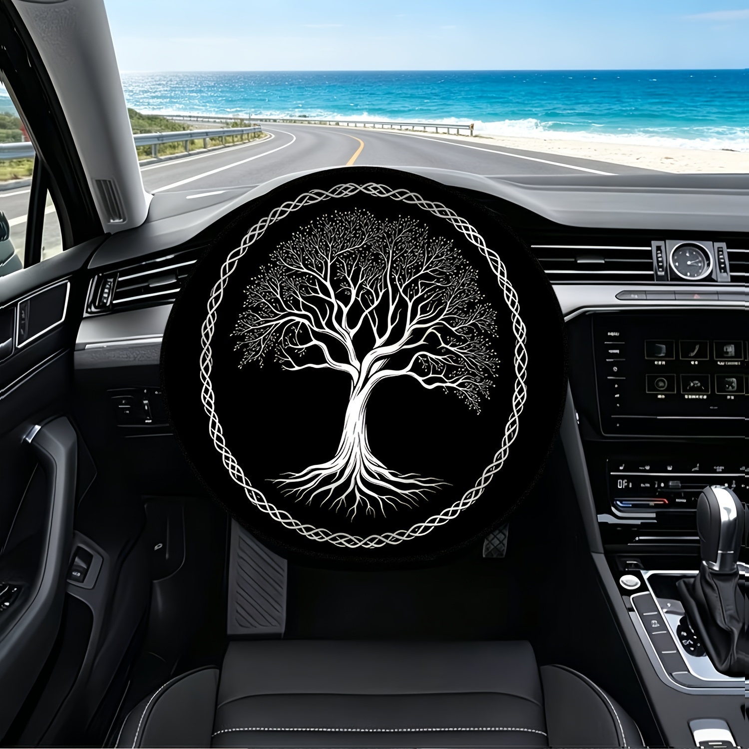 TEMU 1pc Tree Of Life Pattern Steering Wheel Sunshade, Sun Protection And Insulation, Summer Car Interior Essential, Enhancing Driving Mood, Suitable
