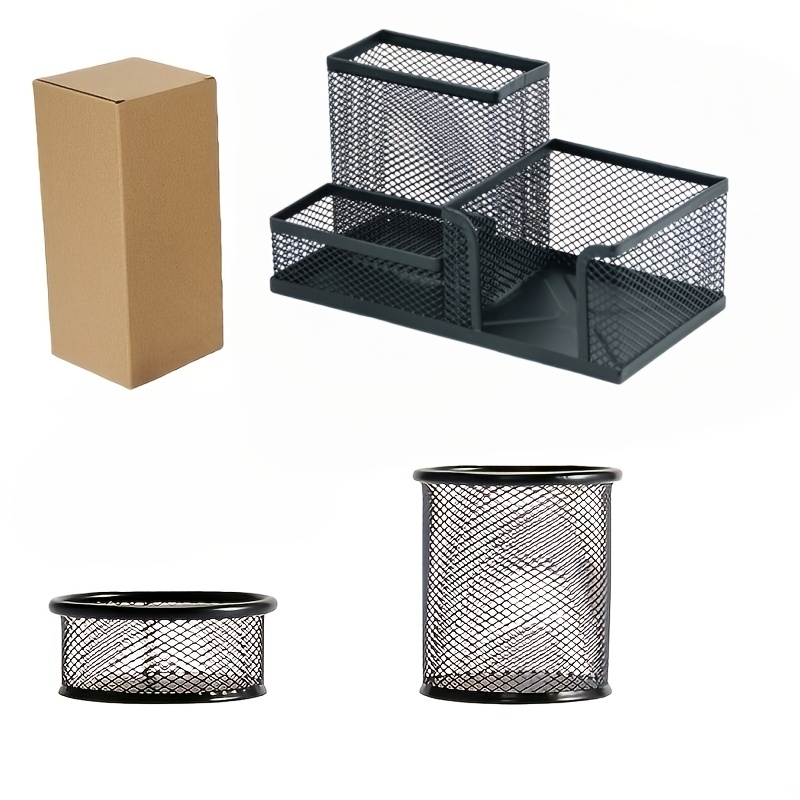 TEMU Set Of 4 Desk Storage Boxes, Featuring A Metal Mesh Pen Holder With 3 Compartments, Along With A Pencil Cup And A Paper Clip Holder, Marking