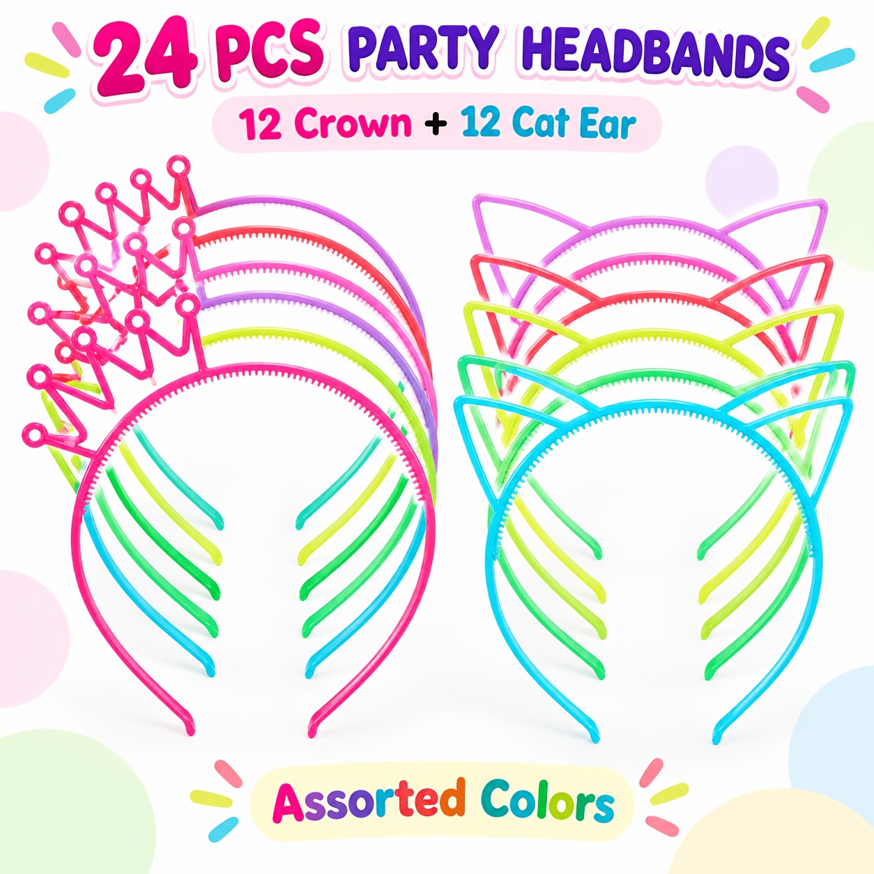 TEMU 24pcs Glow In The Dark Headbands, Ear And Crown Shape Luminous Hair Hoops, Colorful Glowing Hair Additions For Halloween Birthday Carnival Night