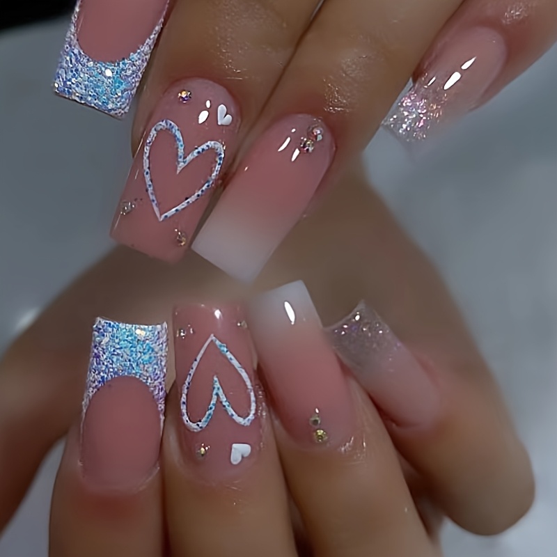 TEMU Star Wearable Nails 24pcs Wearable Medium-long Square Love Heart Pattern Pure Desire Temperament Versatile High-end Design Fake Nails Extension
